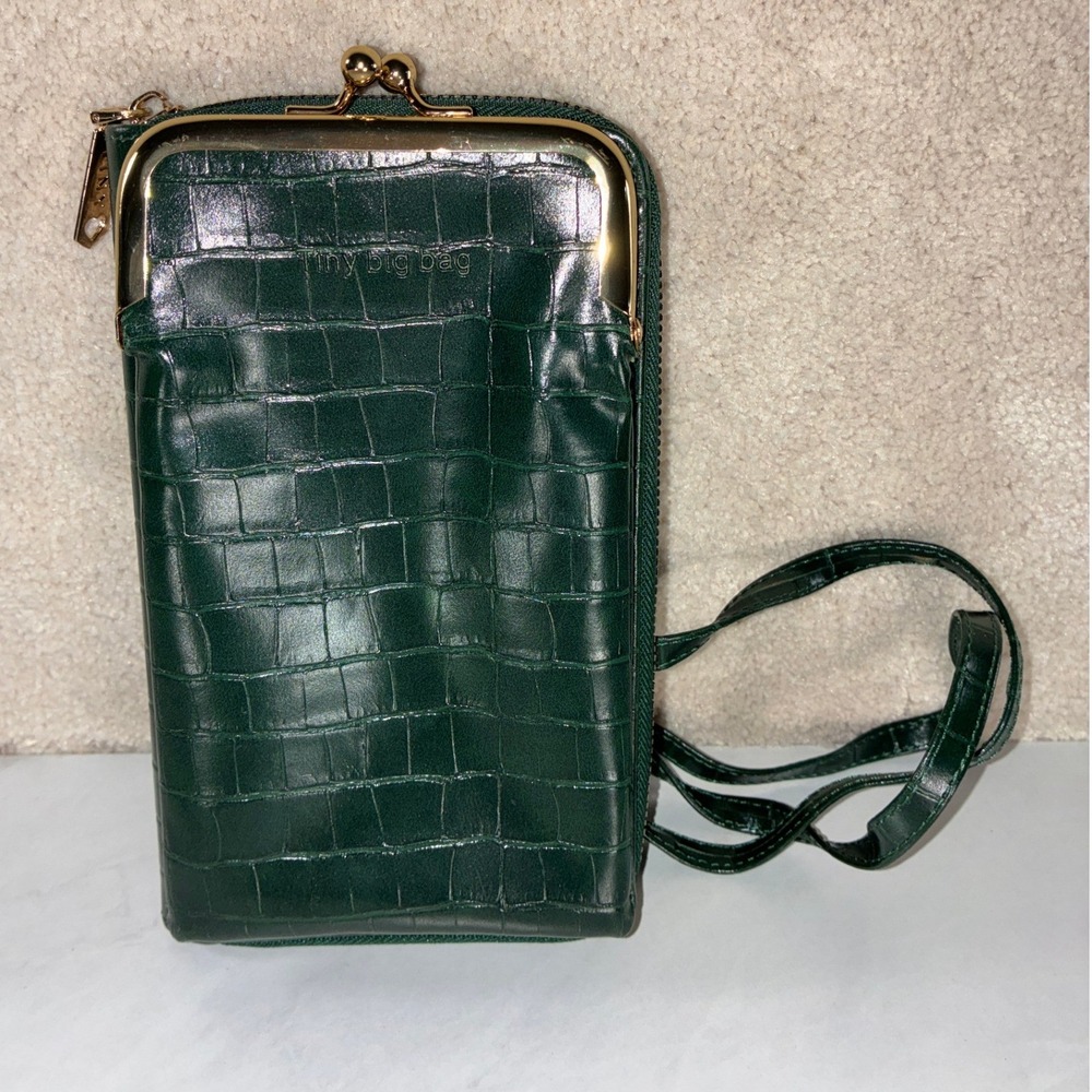 Tiny Big Bag Green Crossbody - OS - Croc Embossed Kiss Lock Wallet Purse Boho